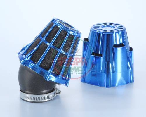 POLINI 30°-Luftfilter aus BLAU VERCHROMTEM Kunststoff für POLINI CP-Vergaser – D. 46 mm, L. 115 mm, 80 mm Konus