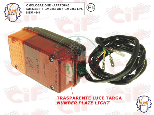 Rear light with wiring - original SIEM Homologated, with side plastic for APE license plate light various models
