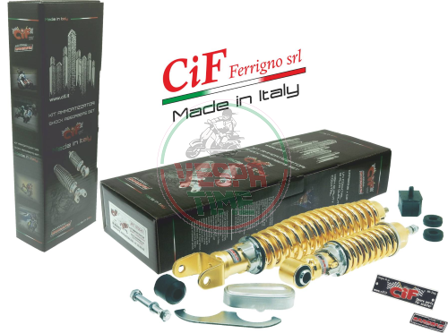 Kit de amortiguadores para Vespa 50/90/125 Primavera-ET3 - ajustable, cuerpo oro, muella oro