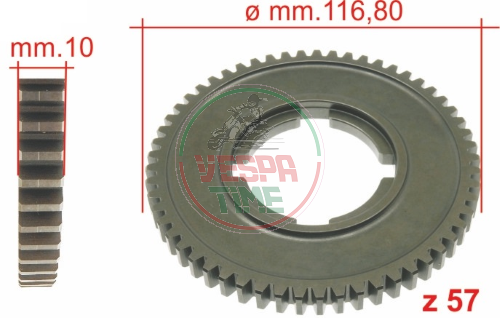 Engranaje 1ª marcha Z57, H:10mm Vespa 125 GT-GTR-TS, 150GL, 150 SPRINT/SPRINT V., P125X, P150X