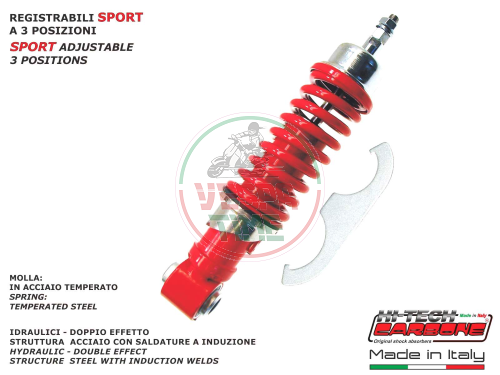 Amortiguador delantero Vespa SMALLFRAME - Ajustable en tres posiciones, RESORTE ROJO - CUERPO ROJO