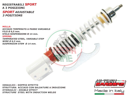 Amortiguador delantero CARBONE regulable Vespa PX-PE, 3 posiciones, corpo y muelle blanca