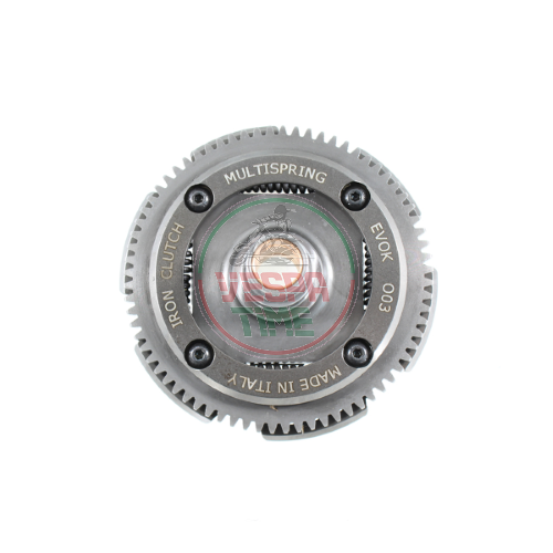 Campana rapporti frizione 69 denti dritti EVOK Iron Clutch MULTISPRING con cestello RDP in alluminio e parastrappi rinforzato per Vespa SMALLFRAME