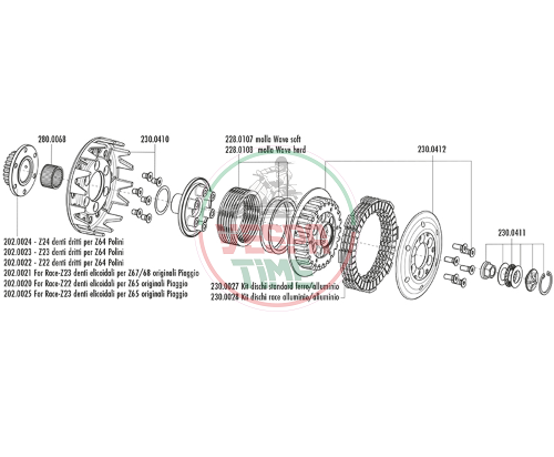 POLINI for Race Clutch, High Torque Clutch for Polini crown z 64 with pinion z 22 for Vespa PX 125, PX 150, PX 200, T5, Cosa, Rally, LML 2T - 22 straight teeth