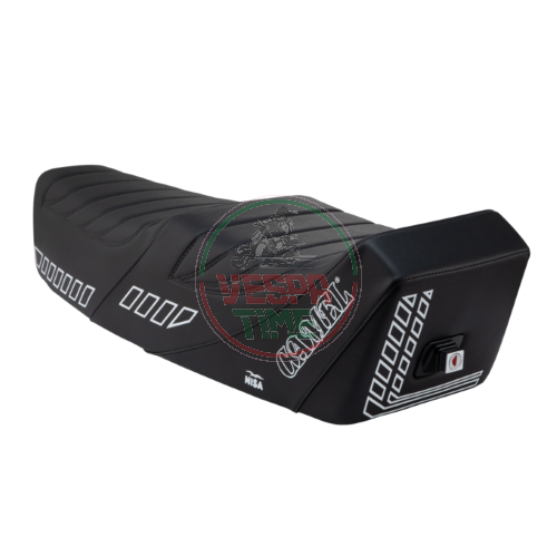 NISA "Camel" saddle for Vespa PX80-200/PE/Lusso/'98/MY with lock and pin, sheet metal bottom