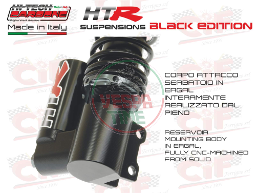 Amortiguador delantero regulable gas-hidráulico HITECH CARBONE HTR, negro, para Vespa PX, PE, T5, LML
