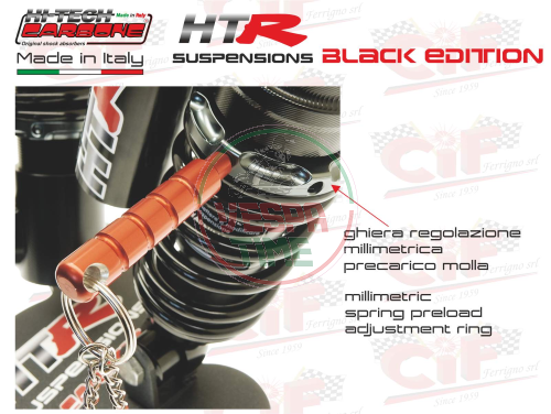 Amortiguador delantero regulable gas-hidráulico HITECH CARBONE HTR, negro, para Vespa PX, PE, T5, LML